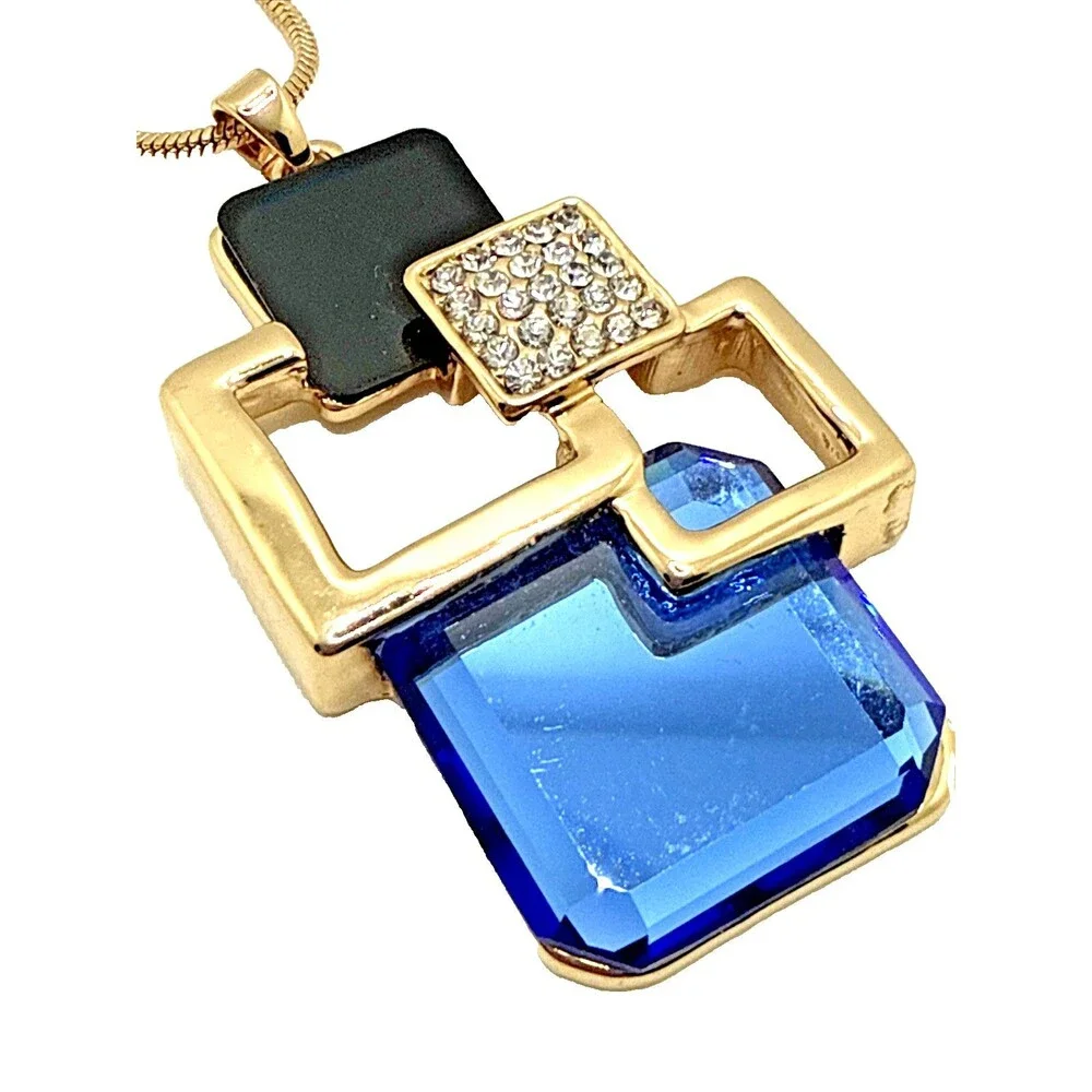 NEW Modernist Geometric Square Statement Necklace Blue Crystal Accents 32